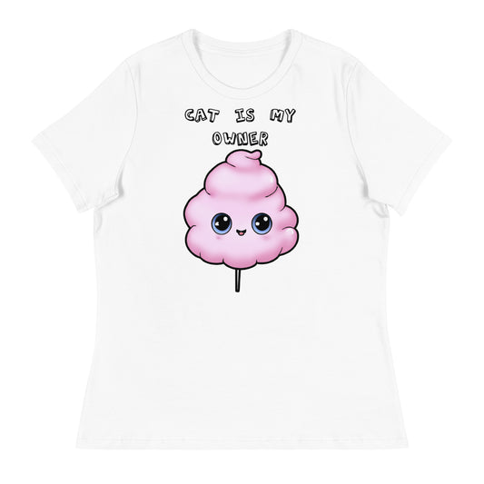 Women's White T-Shirt with Pink Cotton Candy With Cute Eyes with a text "Cat Is My Owner" at $25.97 found at Personalizedpetlovergifts