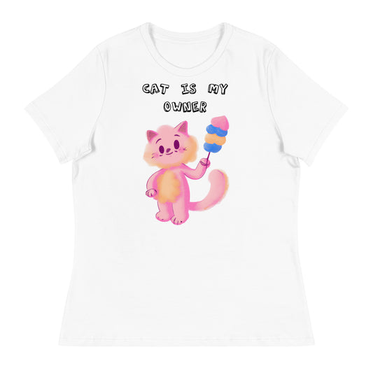 Women's White T-Shirt with Pink Cat With Cotton Candy with a text "Cat Is My Owner" at $25.97 found at Personalizedpetlovergifts