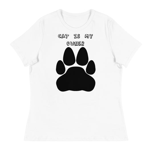 Women's White T-Shirt with Paw with a text "Cat Is My Owner" at $25.97 found at Personalizedpetlovergifts