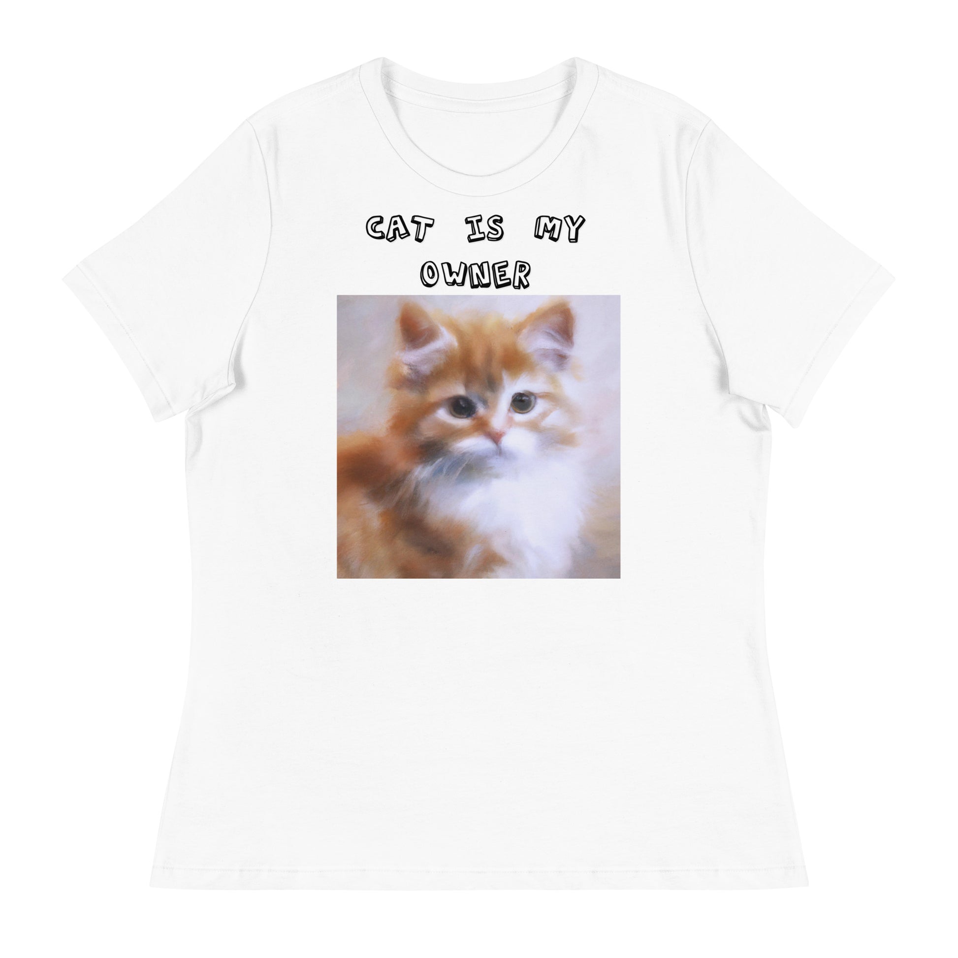 Women's White T-Shirt with Orange Fluffy Kitten with a text "Cat Is My Owner" at $25.97 found at Personalizedpetlovergifts