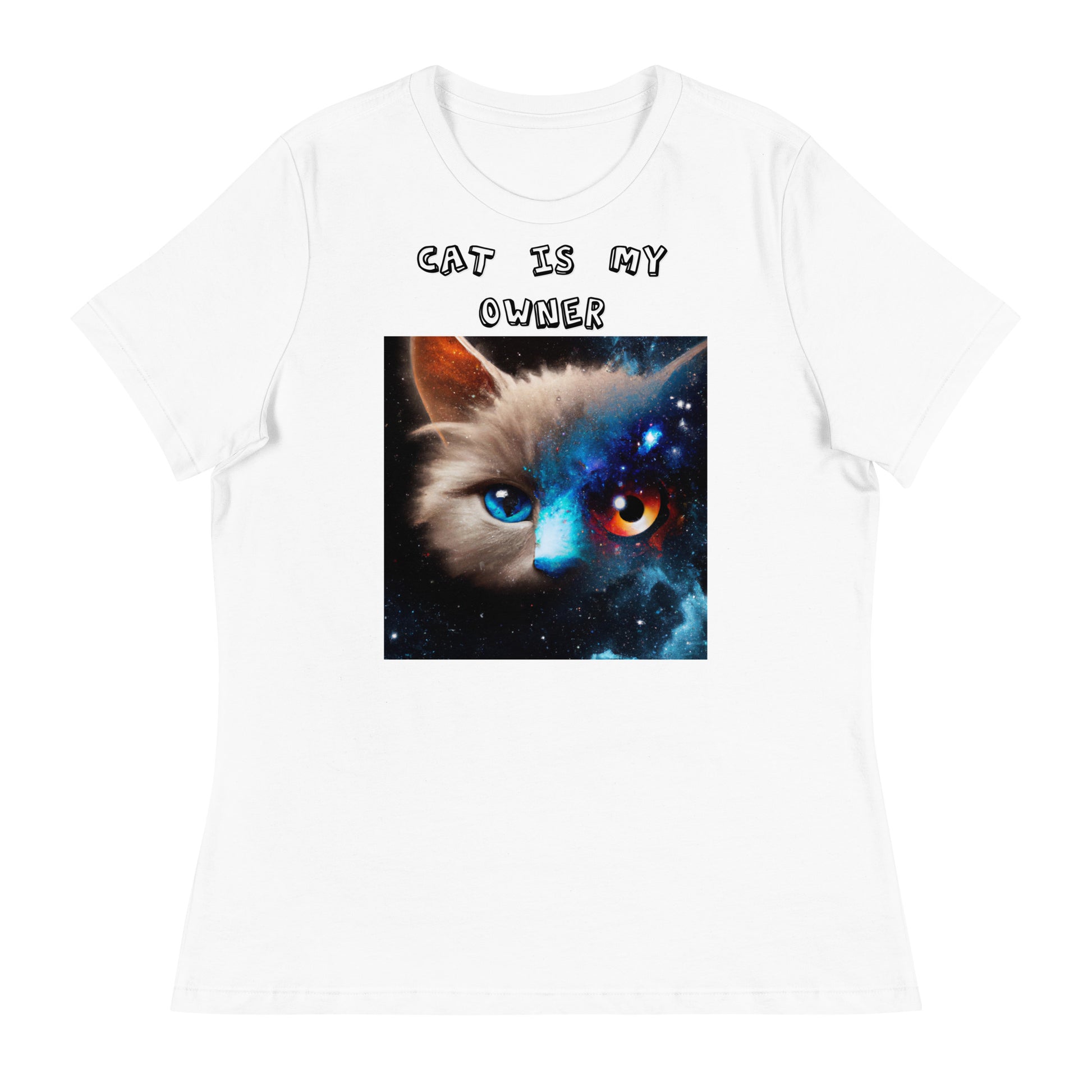 Women's White T-Shirt with Multi Colored Eyed Cat with a text "Cat Is My Owner" at $25.97 found at Personalizedpetlovergifts