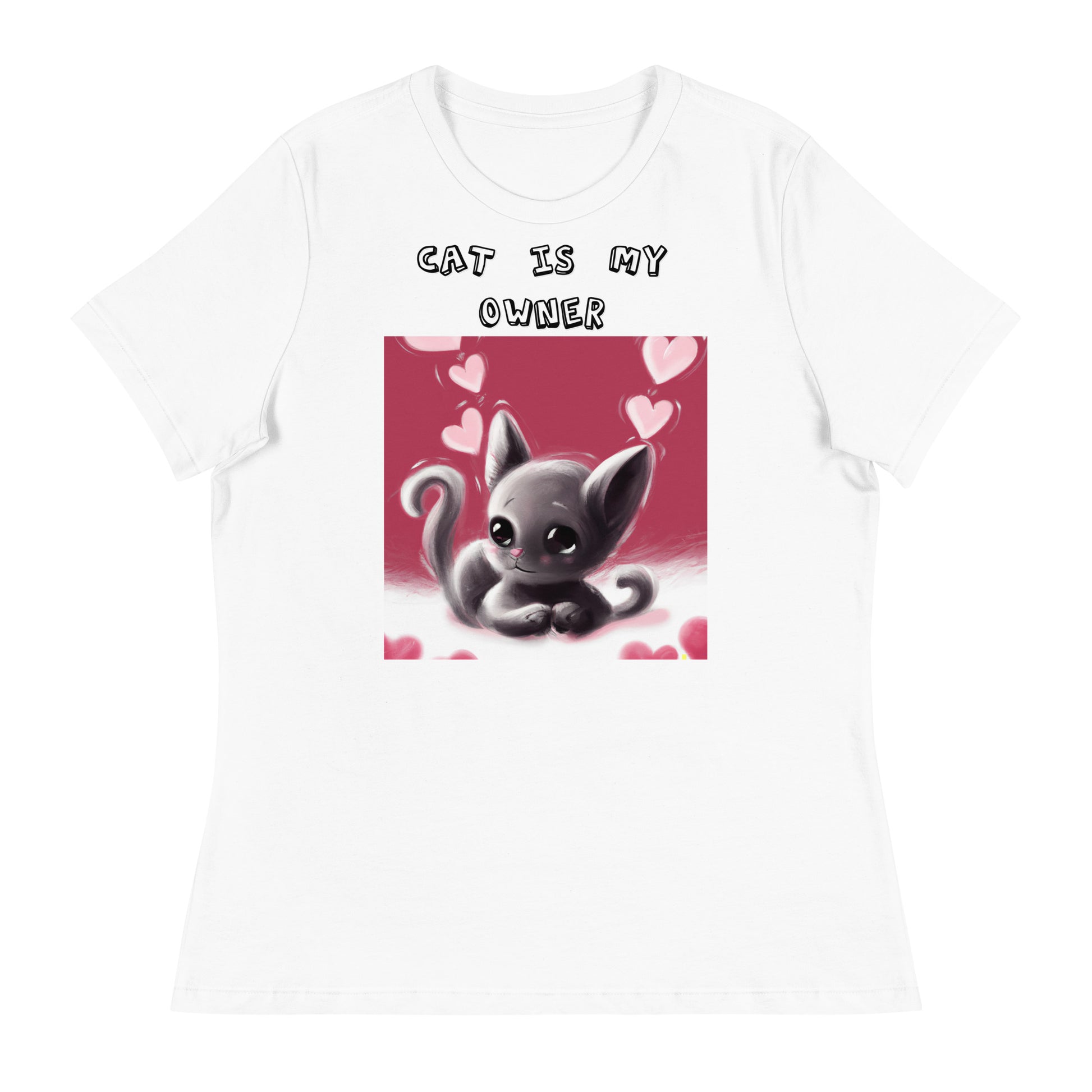 Women's White T-Shirt with Kitten With Pink Hearts with a text "Cat Is My Owner" at $25.97 found at Personalizedpetlovergifts