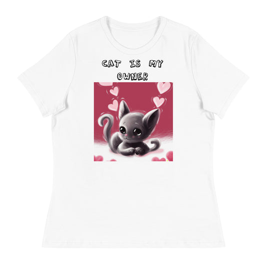 Women's White T-Shirt with Kitten With Pink Hearts with a text "Cat Is My Owner" at $25.97 found at Personalizedpetlovergifts