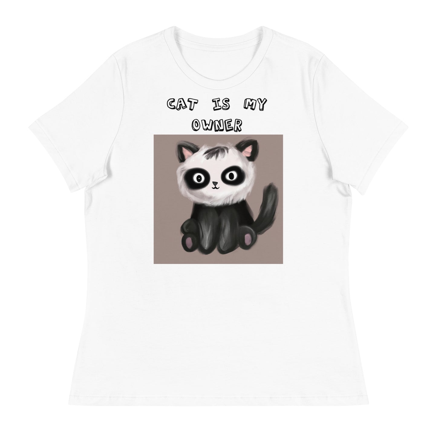 Women's White T-Shirt with Kitten With Panda Colors with a text "Cat Is My Owner" at $25.97 found at Personalizedpetlovergifts