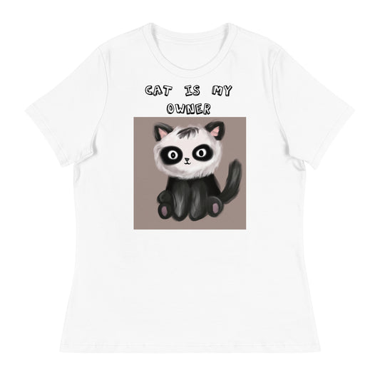 Women's White T-Shirt with Kitten With Panda Colors with a text "Cat Is My Owner" at $25.97 found at Personalizedpetlovergifts