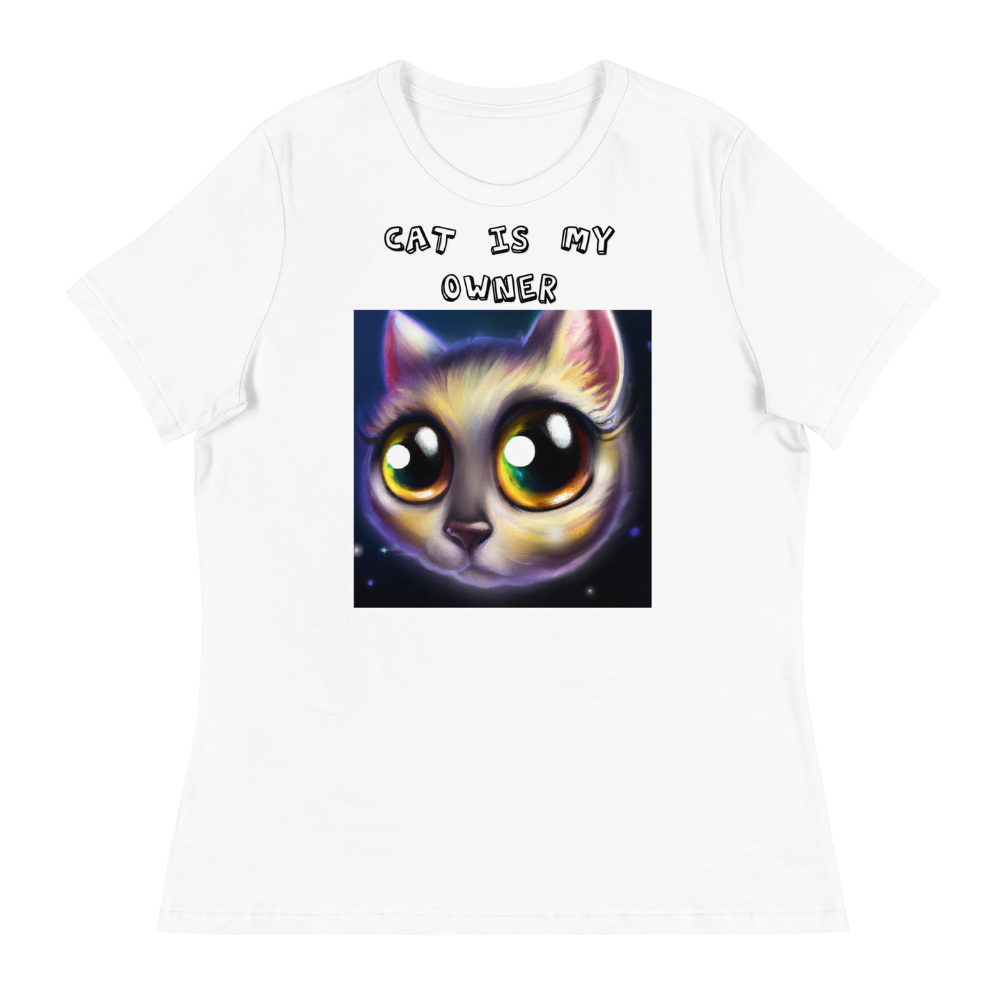 Women's White T-Shirt with Kitten With Cute Sad Eyes with a text "Cat Is My Owner" at $25.97 found at Personalizedpetlovergifts