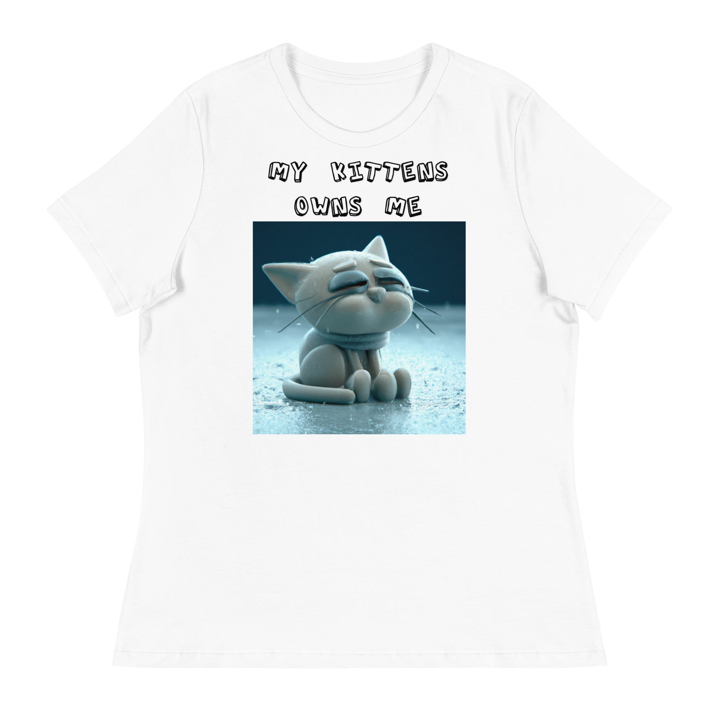 Women's White T-Shirt with Sad Sitting Kitten with a text "My Kittens Own Me" at $25.97 found at Personalizedpetlovergifts