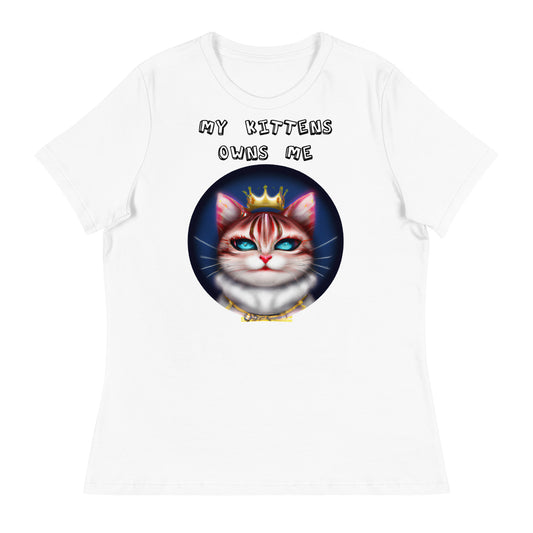 Women's White T-Shirt with Queen Kitten In a Circle with a text "My Kittens Own Me" at $25.97 found at Personalizedpetlovergifts