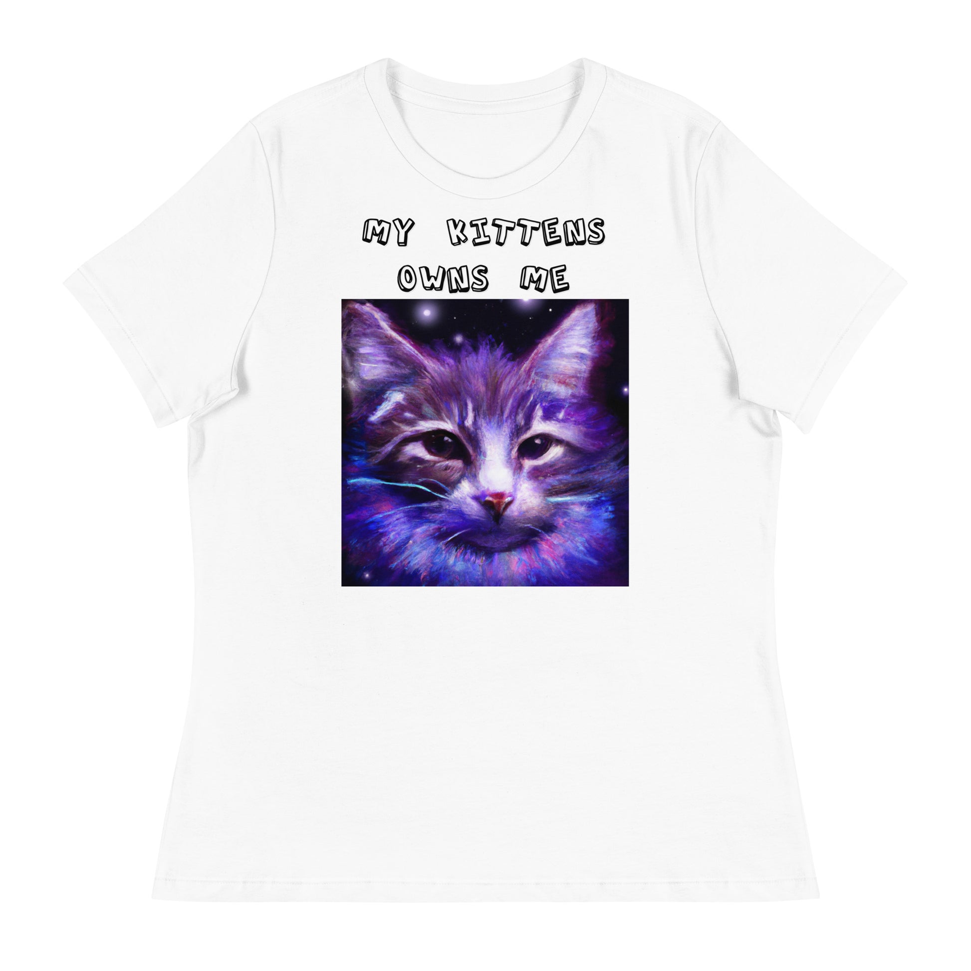 Women's White T-Shirt with Purple Space Cat with a text "My Kittens Own Me" at $25.97 found at Personalizedpetlovergifts