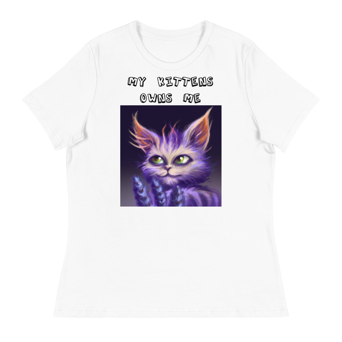 Women's White T-Shirt with Purple Alien Cat with a text "My Kittens Own Me" at $25.97 found at Personalizedpetlovergifts