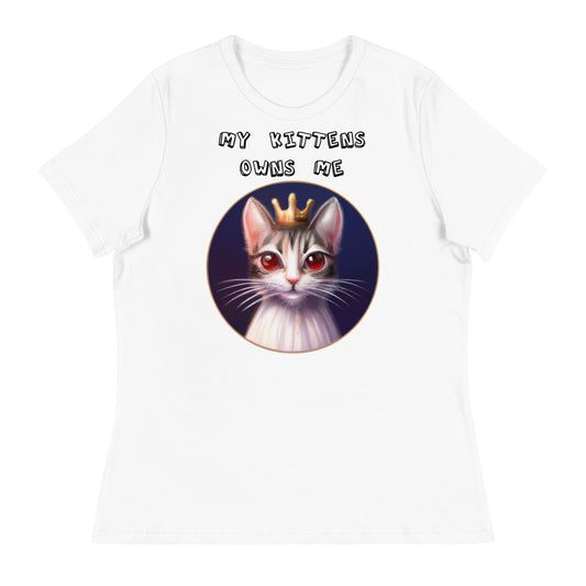 Women's White T-Shirt with Princess Cat With Red Eyes with a text "My Kittens Own Me" at $25.97 found at Personalizedpetlovergifts