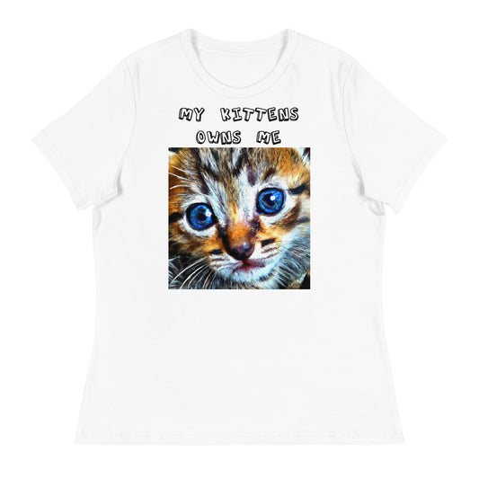 Women's White T-Shirt with Portrait Painting Of a Cat with a text "My Kittens Own Me" at $25.97 found at Personalizedpetlovergifts