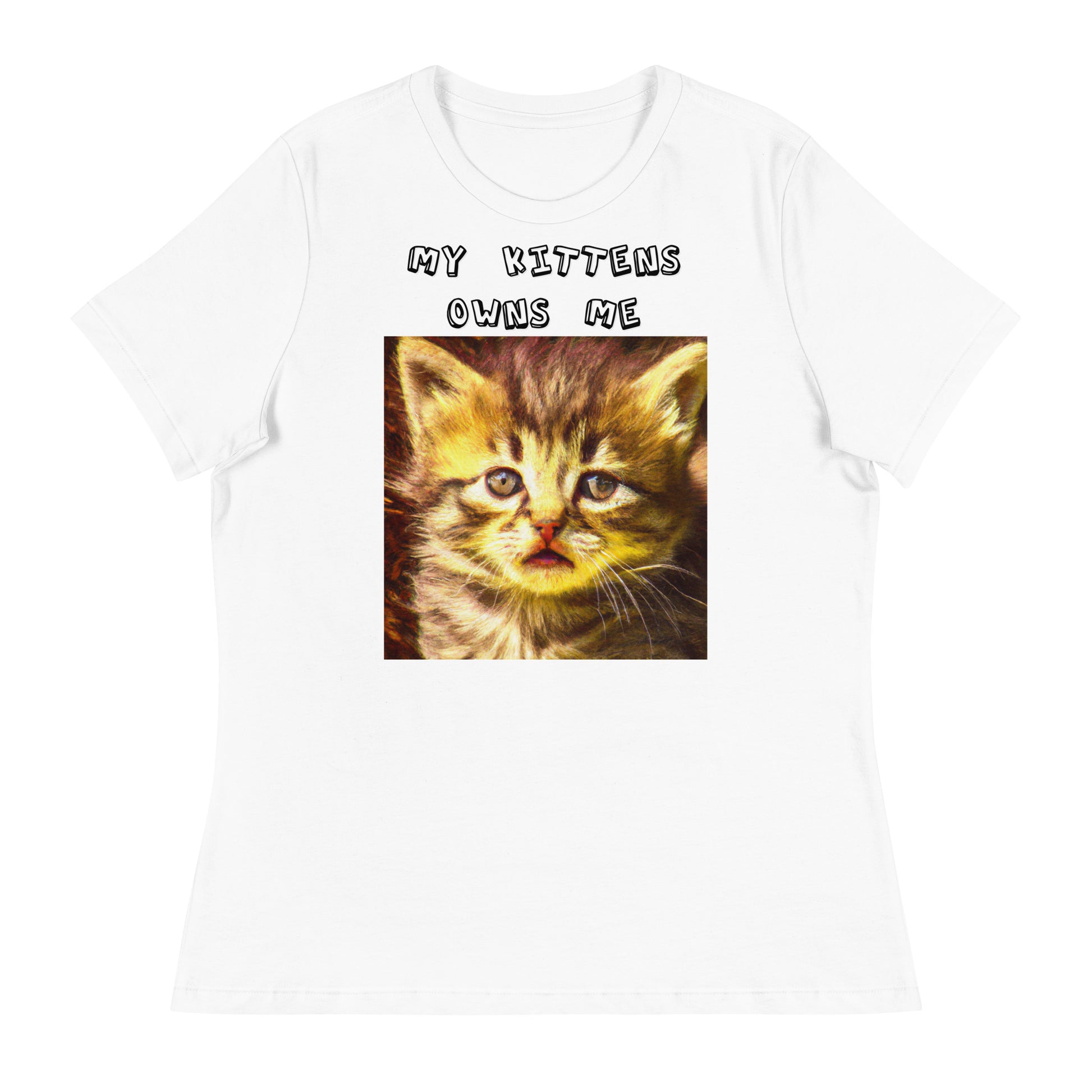 Women's White T-Shirt with Portrait Of a Fluffy Kitten with a text "My Kittens Own Me" at $25.97 found at Personalizedpetlovergifts