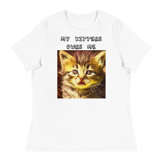 Women's White T-Shirt with Portrait Of a Fluffy Kitten with a text "My Kittens Own Me" at $25.97 found at Personalizedpetlovergifts