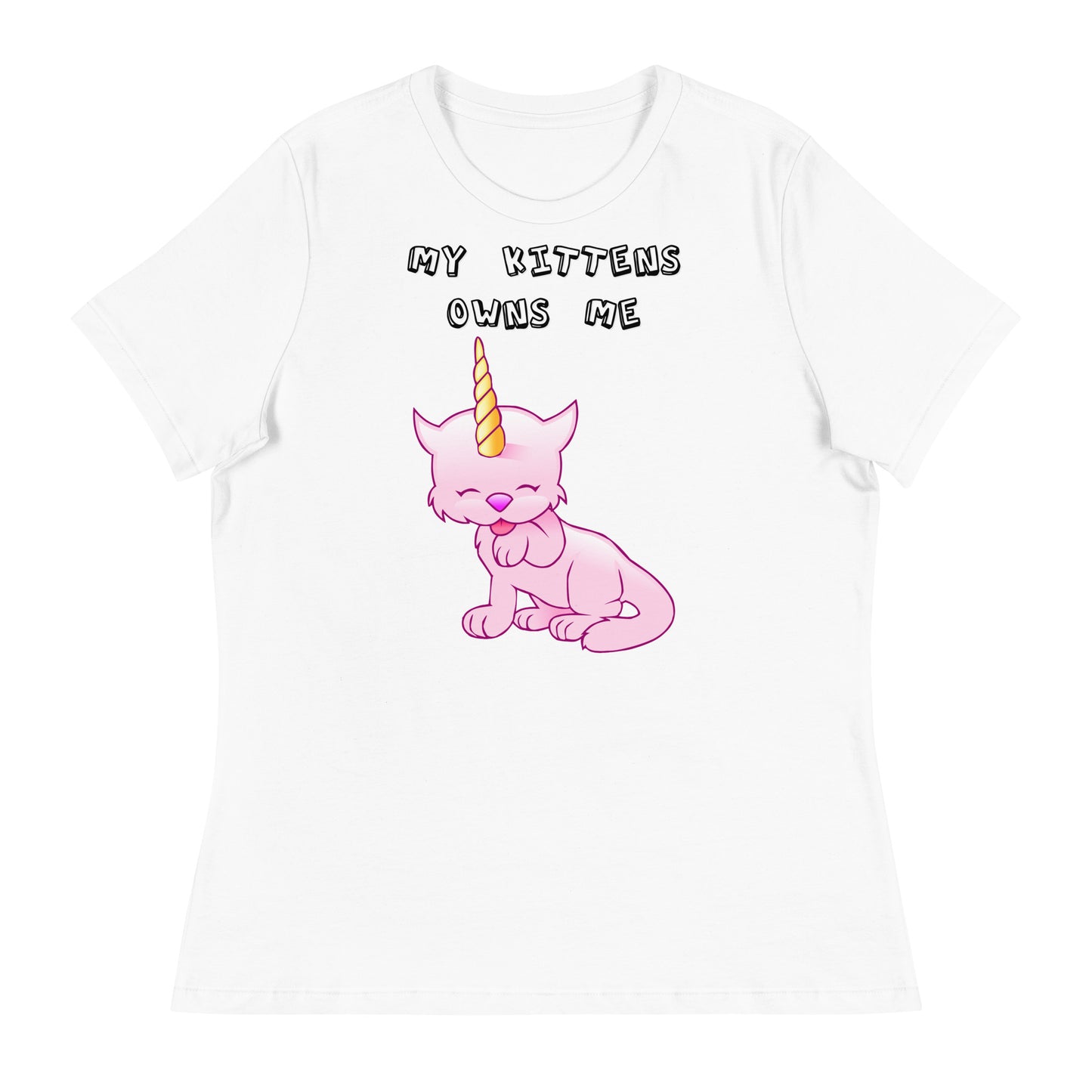 Women's White T-Shirt with Pink Unicorn Cat Licking Its Paw with a text "My Kittens Own Me" at $25.97 found at Personalizedpetlovergifts