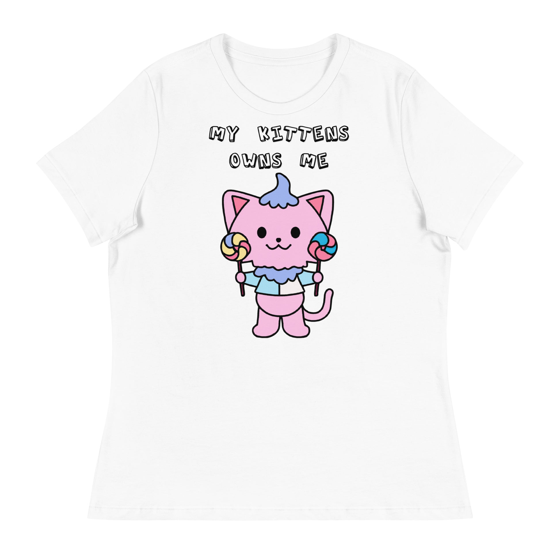 Women's White T-Shirt with Pink Kitten With Lollipops with a text "My Kittens Own Me" at $25.97 found at Personalizedpetlovergifts