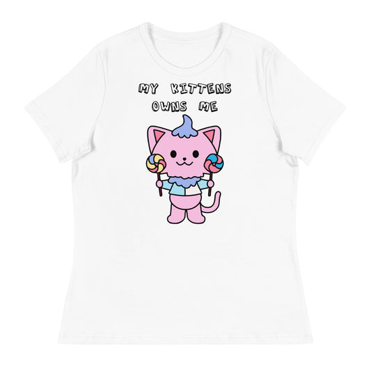 Women's White T-Shirt with Pink Kitten With Lollipops with a text "My Kittens Own Me" at $25.97 found at Personalizedpetlovergifts