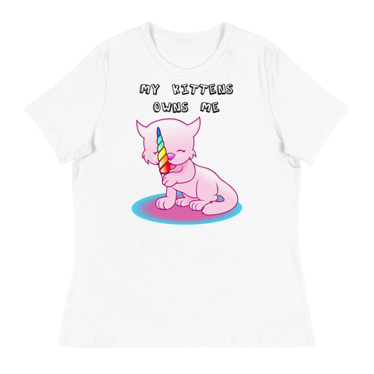 Women's White T-Shirt with Pink Kitten Licking Candy with a text "My Kittens Own Me" at $25.97 found at Personalizedpetlovergifts