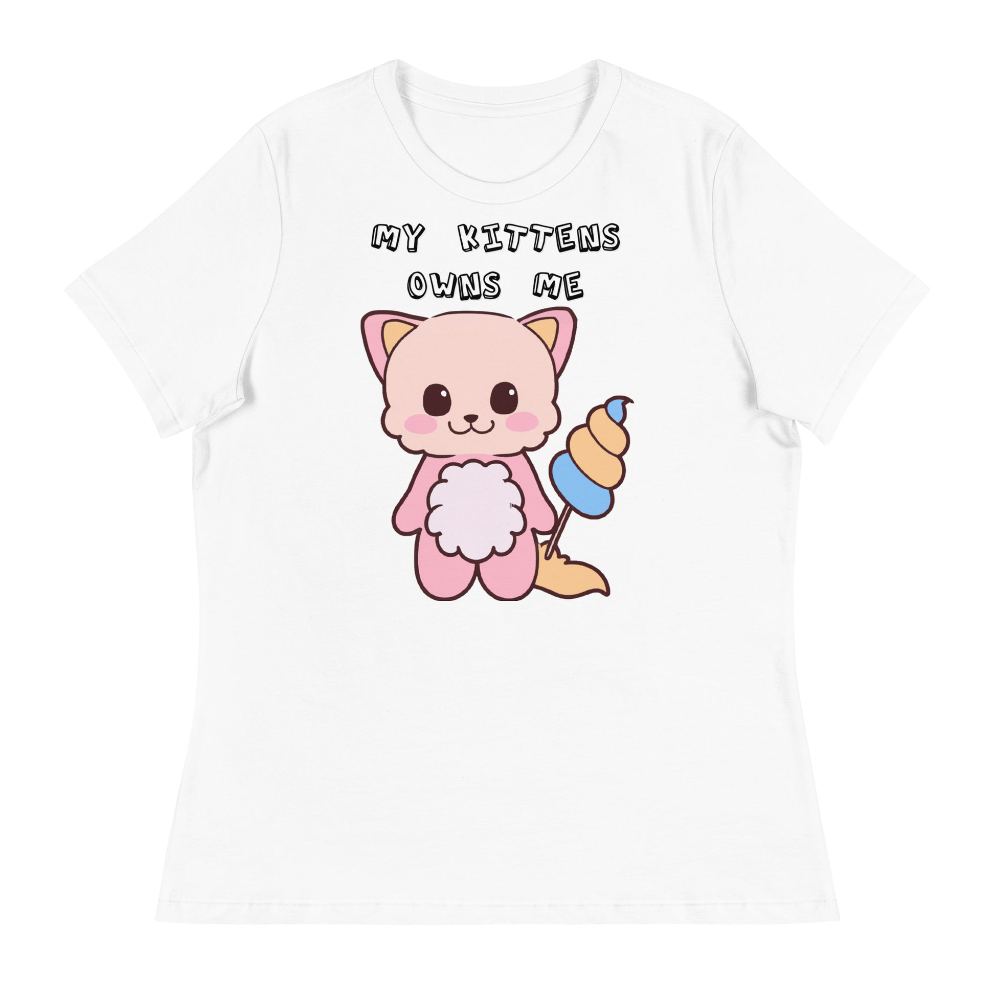 Women's White T-Shirt with Pink Kitten Holding a Cotton Candy with a text "My Kittens Own Me" at $25.97 found at Personalizedpetlovergifts