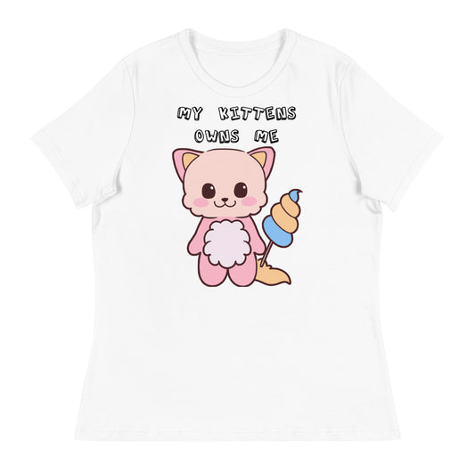 Women's White T-Shirt with Pink Kitten Holding a Cotton Candy with a text "My Kittens Own Me" at $25.97 found at Personalizedpetlovergifts