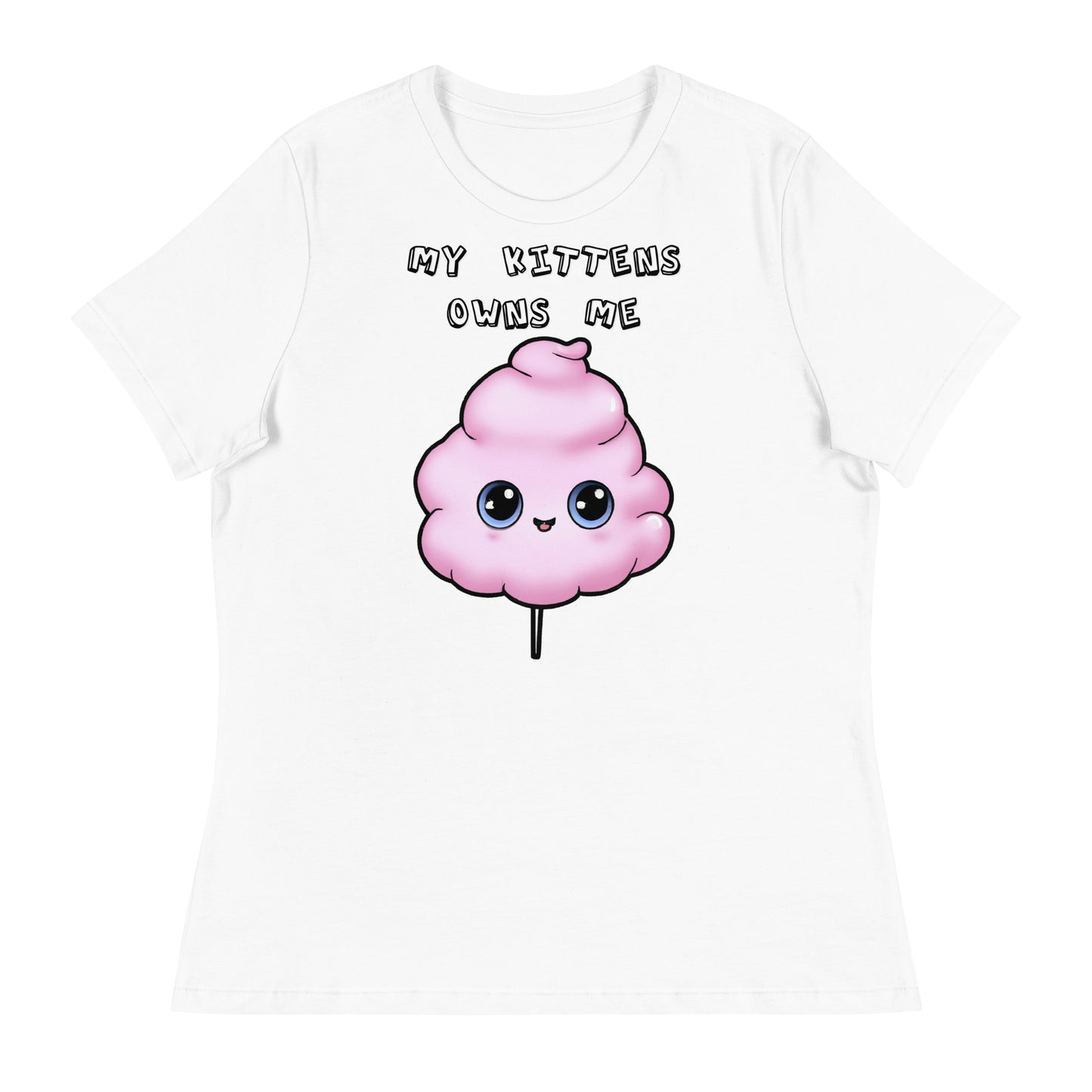 Women's White T-Shirt with Pink Cotton Candy With Cute Eyes with a text "My Kittens Own Me" at $25.97 found at Personalizedpetlovergifts