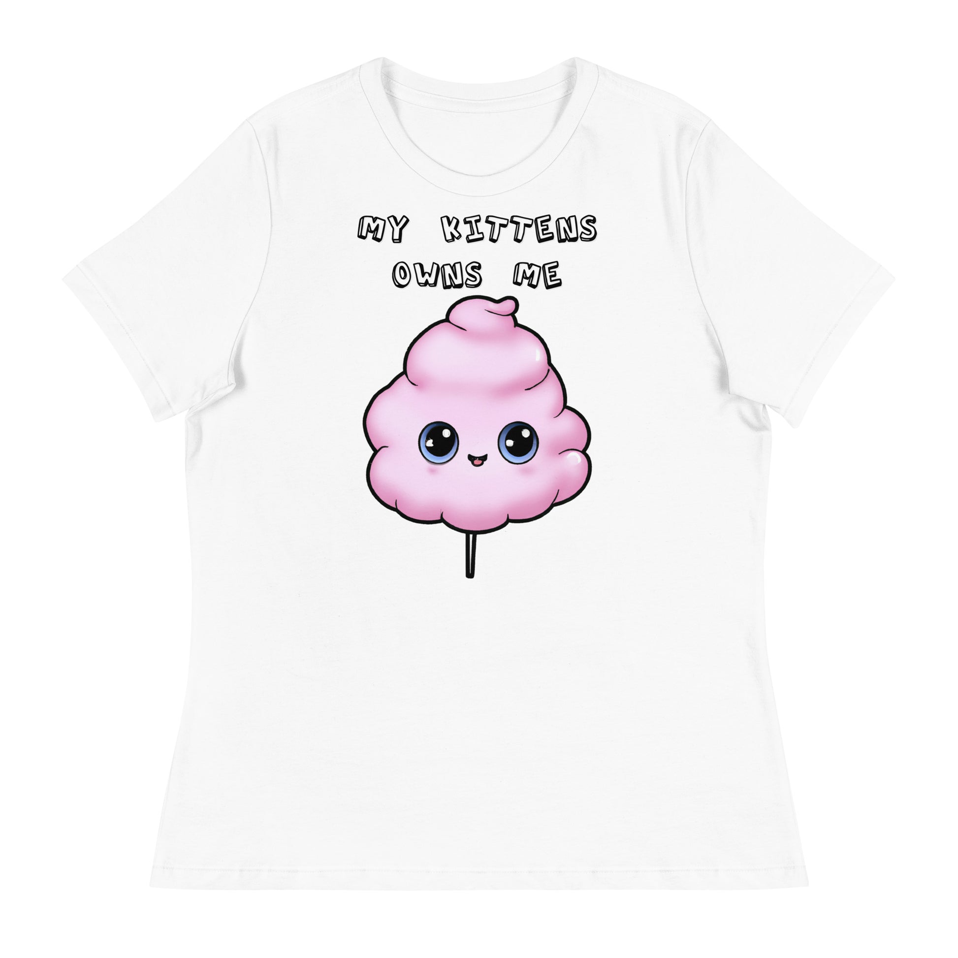 Women's White T-Shirt with Pink Cotton Candy With Cute Eyes with a text "My Kittens Own Me" at $25.97 found at Personalizedpetlovergifts