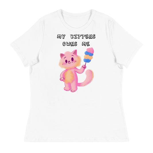 Women's White T-Shirt with Pink Cat With Cotton Candy with a text "My Kittens Own Me" at $25.97 found at Personalizedpetlovergifts