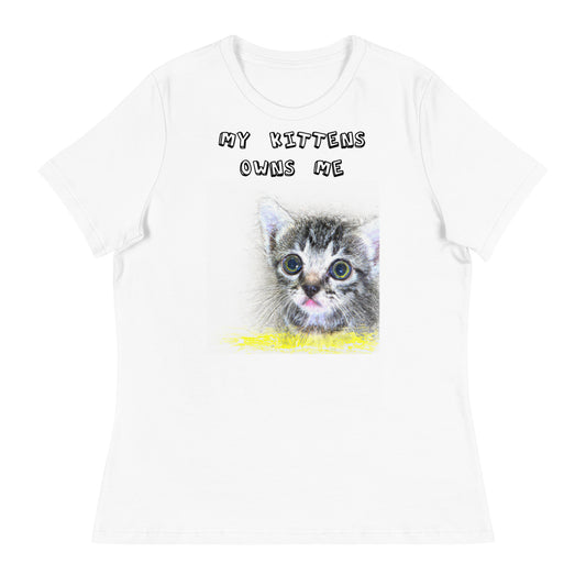 Women's White T-Shirt with Pencil Drawing Of a Cat with a text "My Kittens Own Me" at $25.97 found at Personalizedpetlovergifts