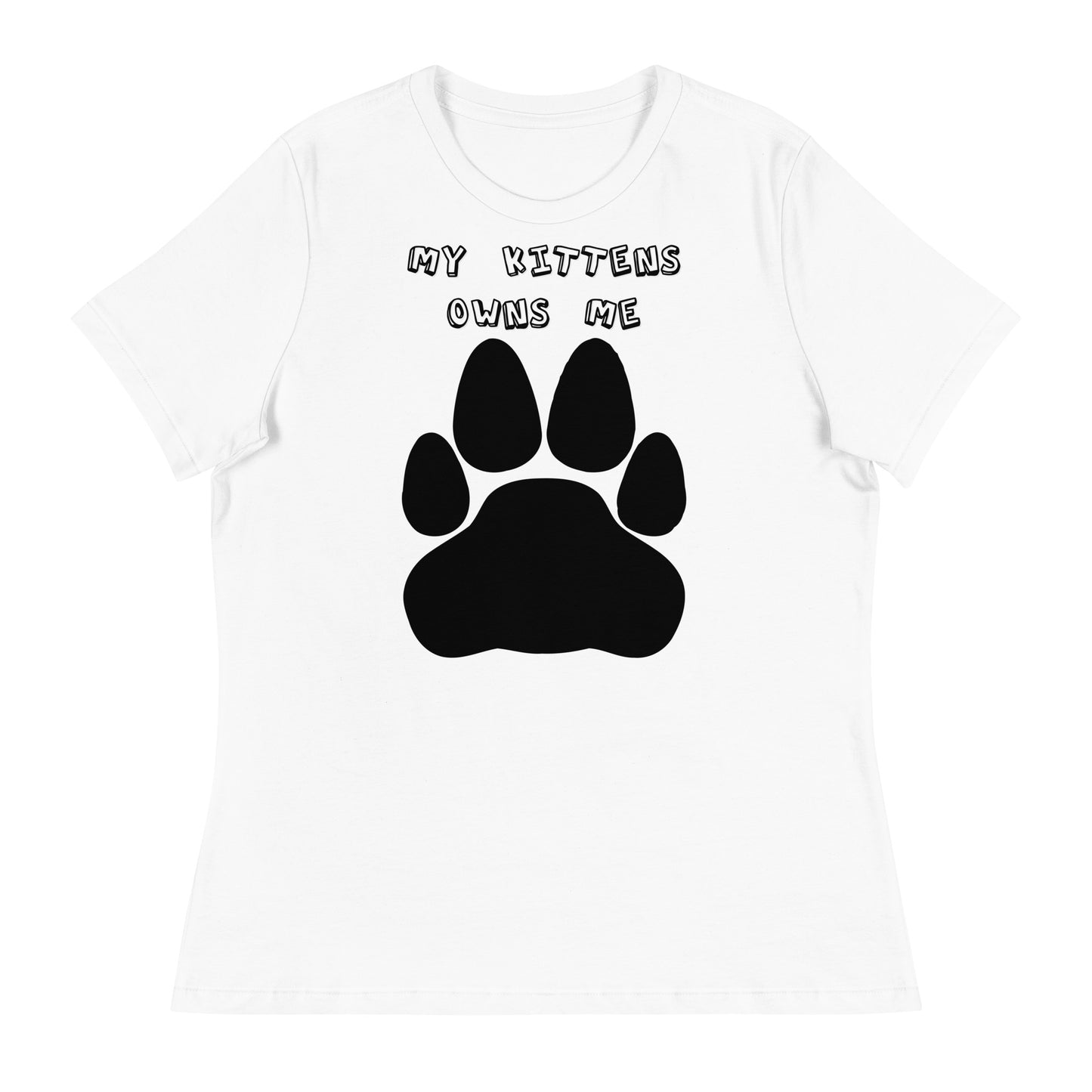 Women's White T-Shirt with Paw with a text "My Kittens Own Me" at $25.97 found at Personalizedpetlovergifts