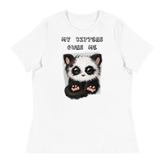 Women's White T-Shirt with Panda Kitten with a text "My Kittens Own Me" at $25.97 found at Personalizedpetlovergifts