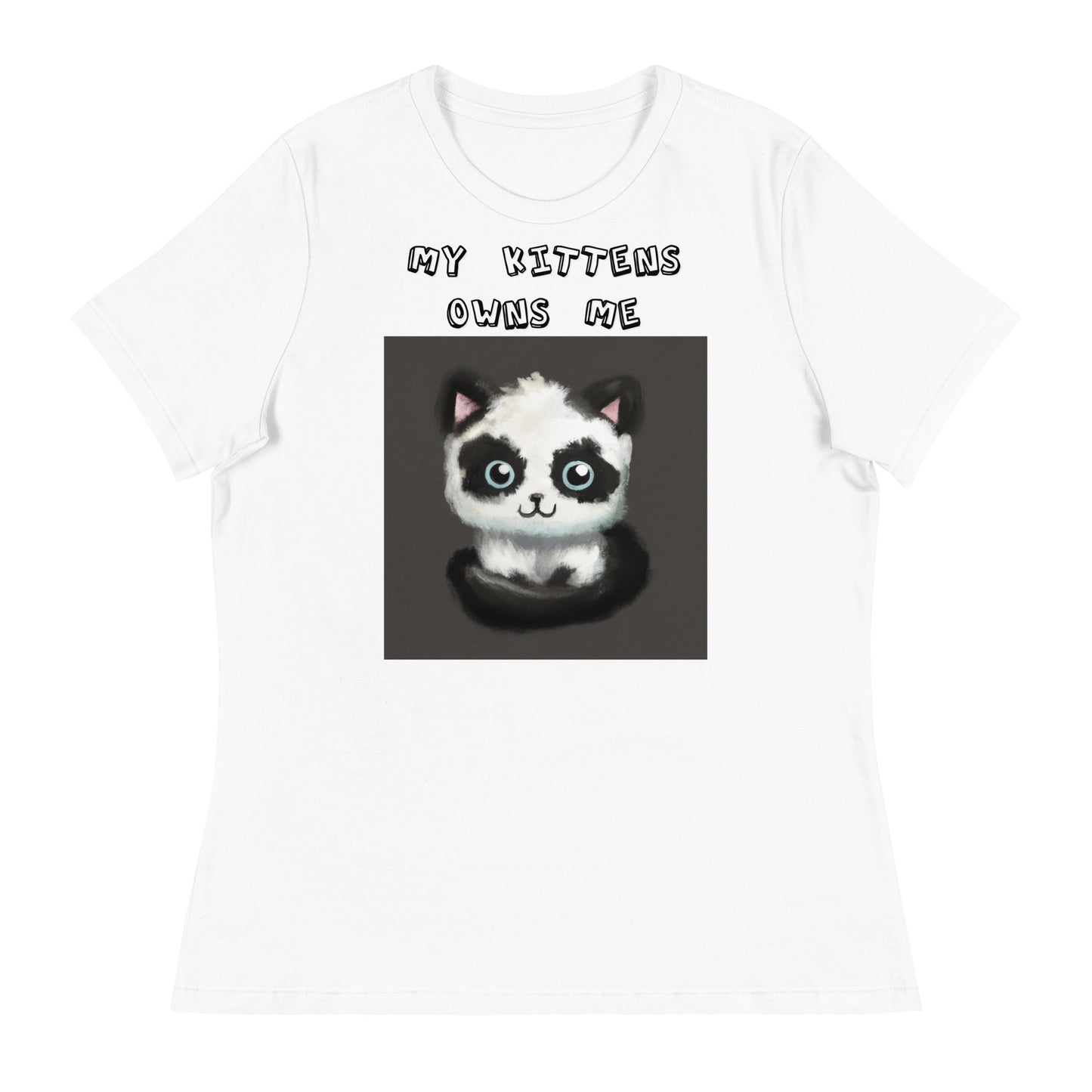 Women's White T-Shirt with Panda Colored Kitten with a text "My Kittens Own Me" at $25.97 found at Personalizedpetlovergifts