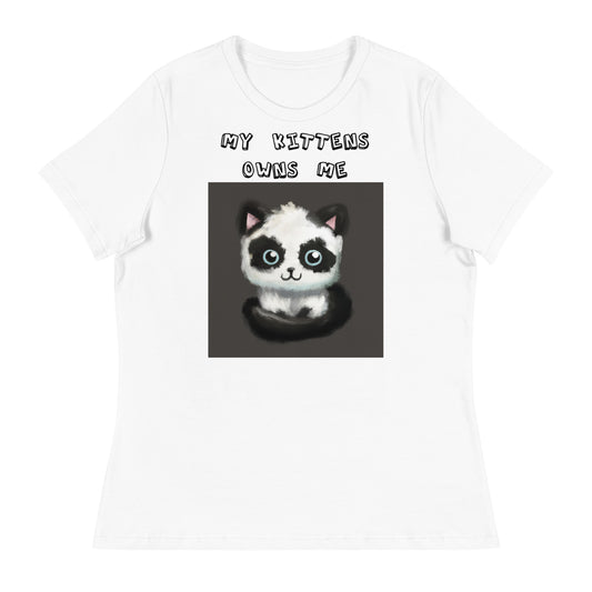 Women's White T-Shirt with Panda Colored Kitten with a text "My Kittens Own Me" at $25.97 found at Personalizedpetlovergifts