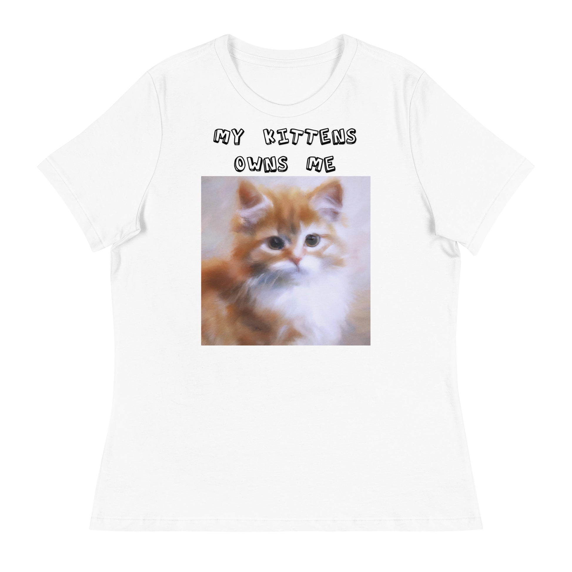 Women's White T-Shirt with Orange Fluffy Kitten with a text "My Kittens Own Me" at $25.97 found at Personalizedpetlovergifts