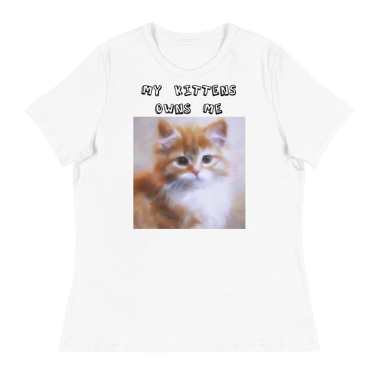 Women's White T-Shirt with Orange Fluffy Kitten with a text "My Kittens Own Me" at $25.97 found at Personalizedpetlovergifts