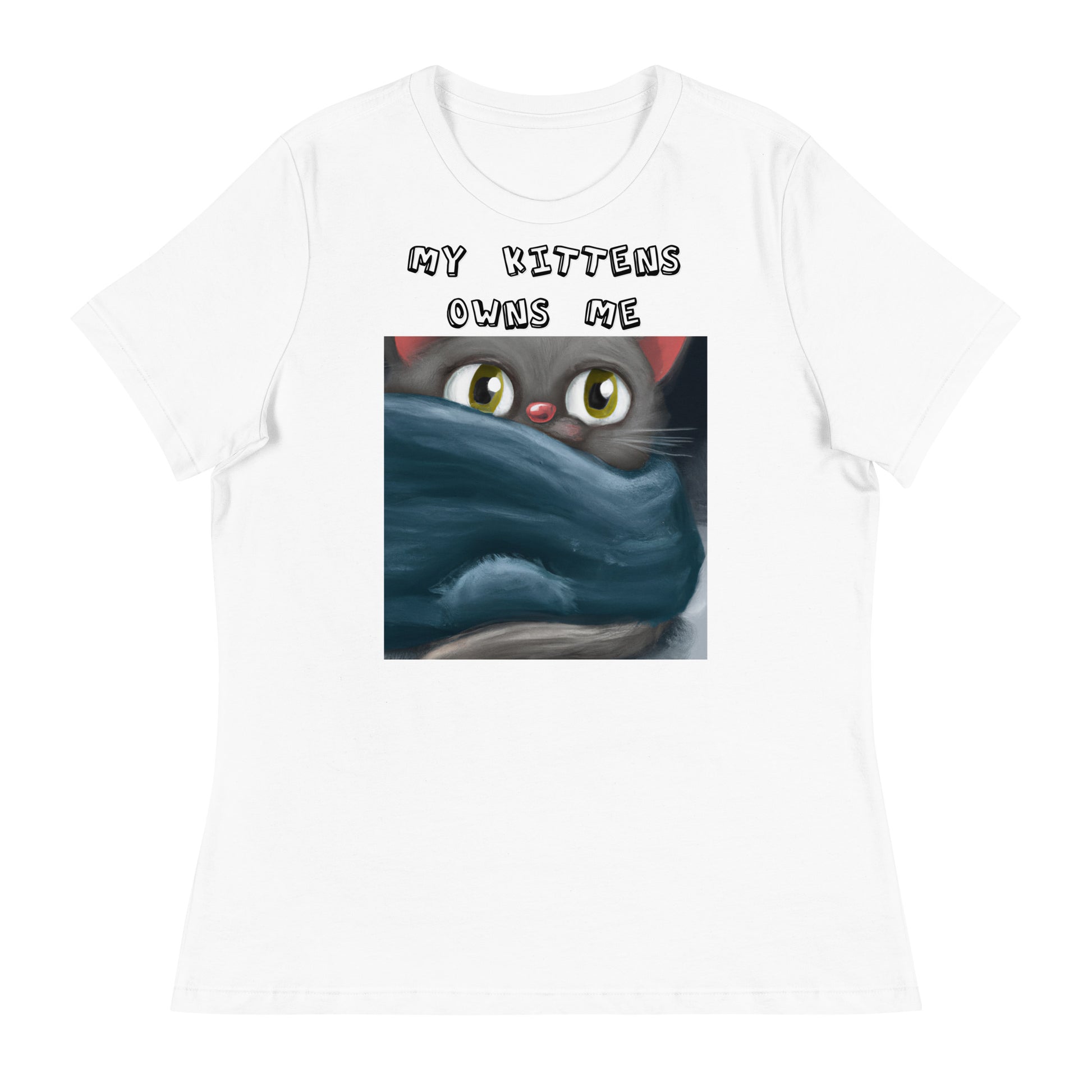 Women's White T-Shirt with Kitten Wrapped In a Blanket with a text "My Kittens Own Me" at $25.97 found at Personalizedpetlovergifts