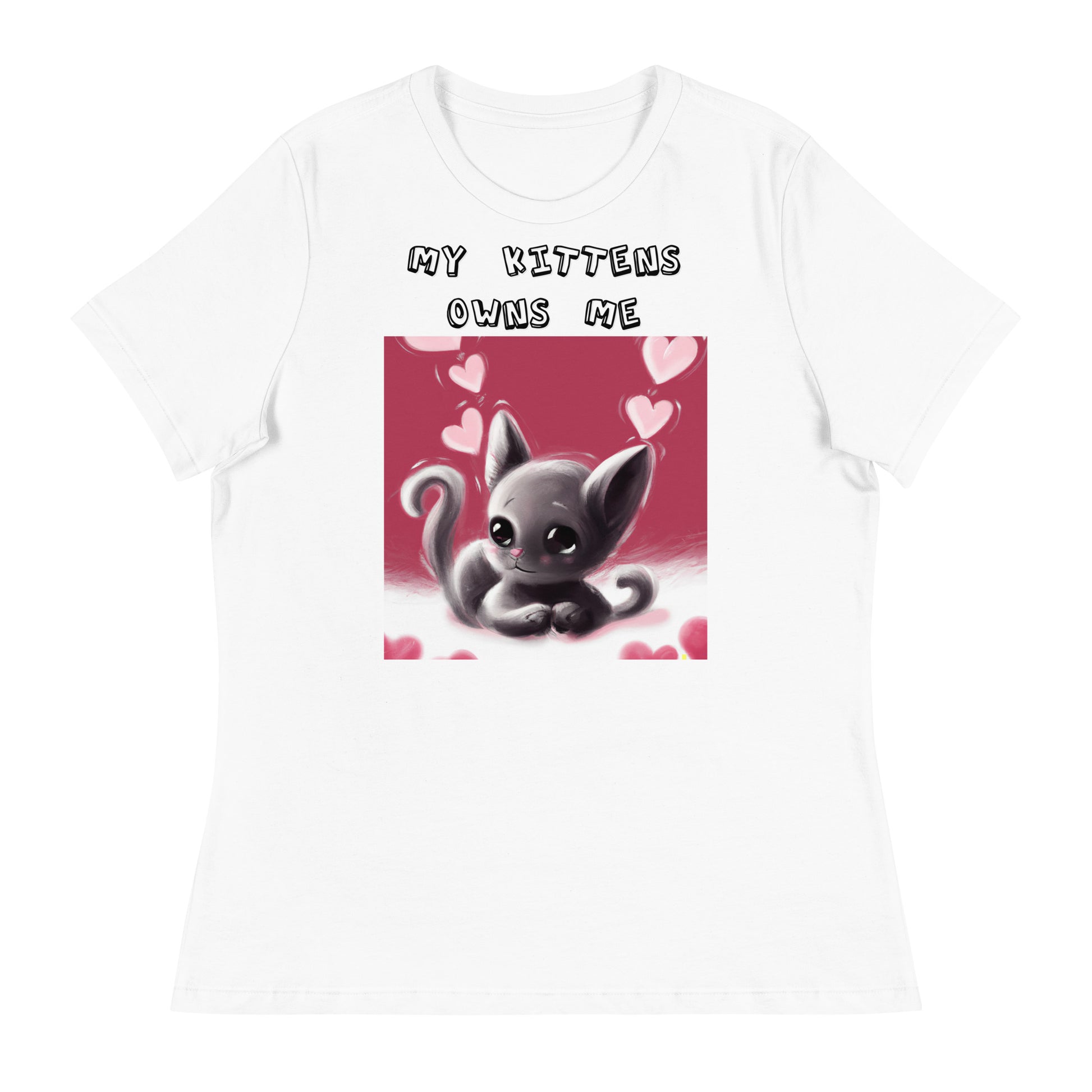 Women's White T-Shirt with Kitten With Pink Hearts with a text "My Kittens Own Me" at $25.97 found at Personalizedpetlovergifts