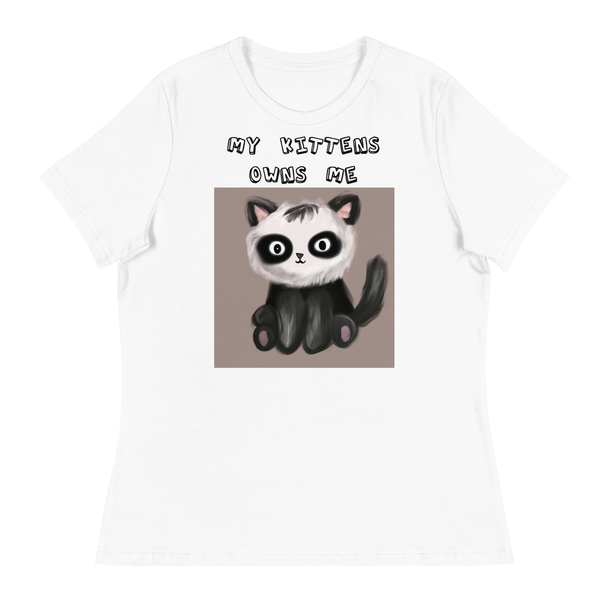 Women's White T-Shirt with Kitten With Panda Colors with a text "My Kittens Own Me" at $25.97 found at Personalizedpetlovergifts