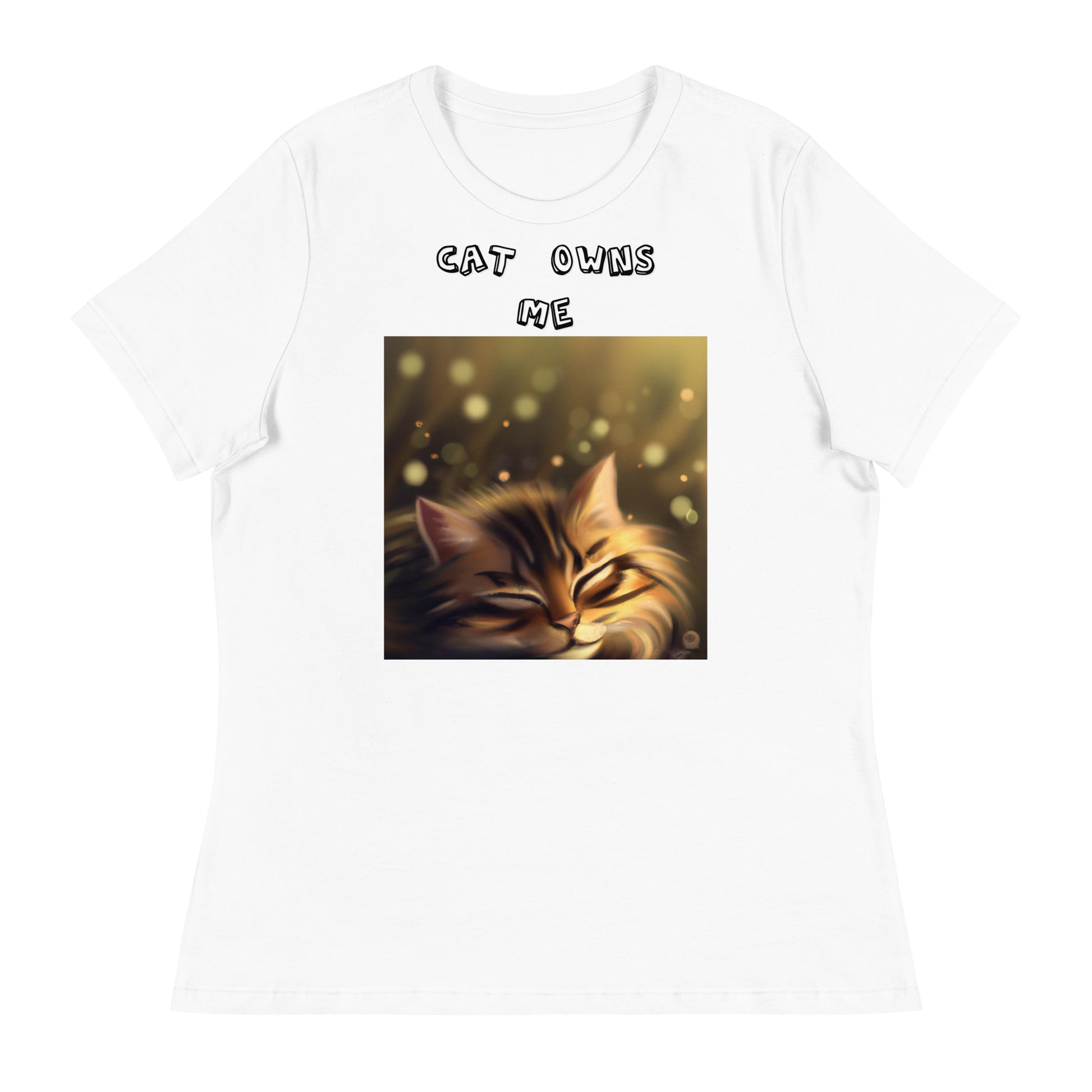 Women's White T-Shirt with Sleepy Cat with a text "Cat Owns Me" at $25.97 found at Personalizedpetlovergifts