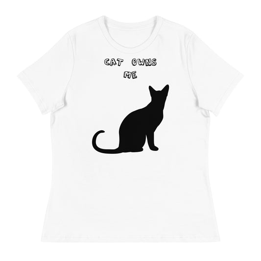 Women's White T-Shirt with Silhouette Of a Black Cat with a text "Cat Owns Me" at $25.97 found at Personalizedpetlovergifts