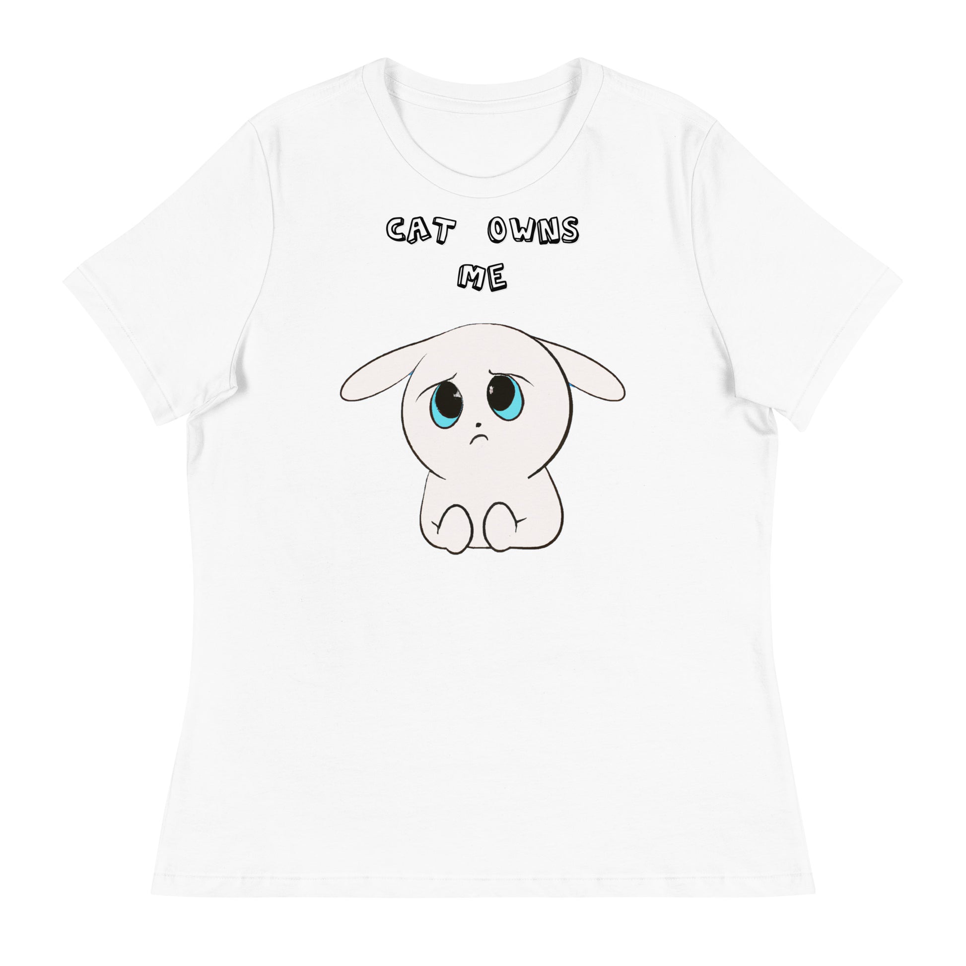 Women's White T-Shirt with Sad White Kitten with a text "Cat Owns Me" at $25.97 found at Personalizedpetlovergifts