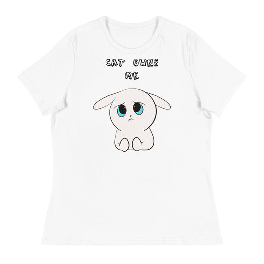 Women's White T-Shirt with Sad White Kitten with a text "Cat Owns Me" at $25.97 found at Personalizedpetlovergifts