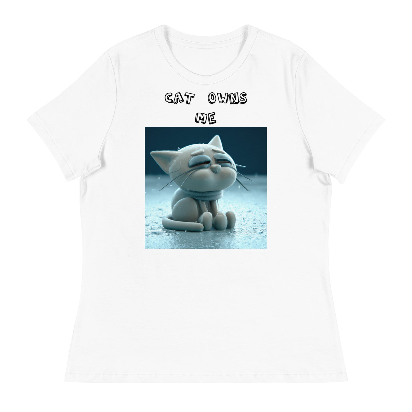 Women's White T-Shirt with Sad Sitting Kitten with a text "Cat Owns Me" at $25.97 found at Personalizedpetlovergifts