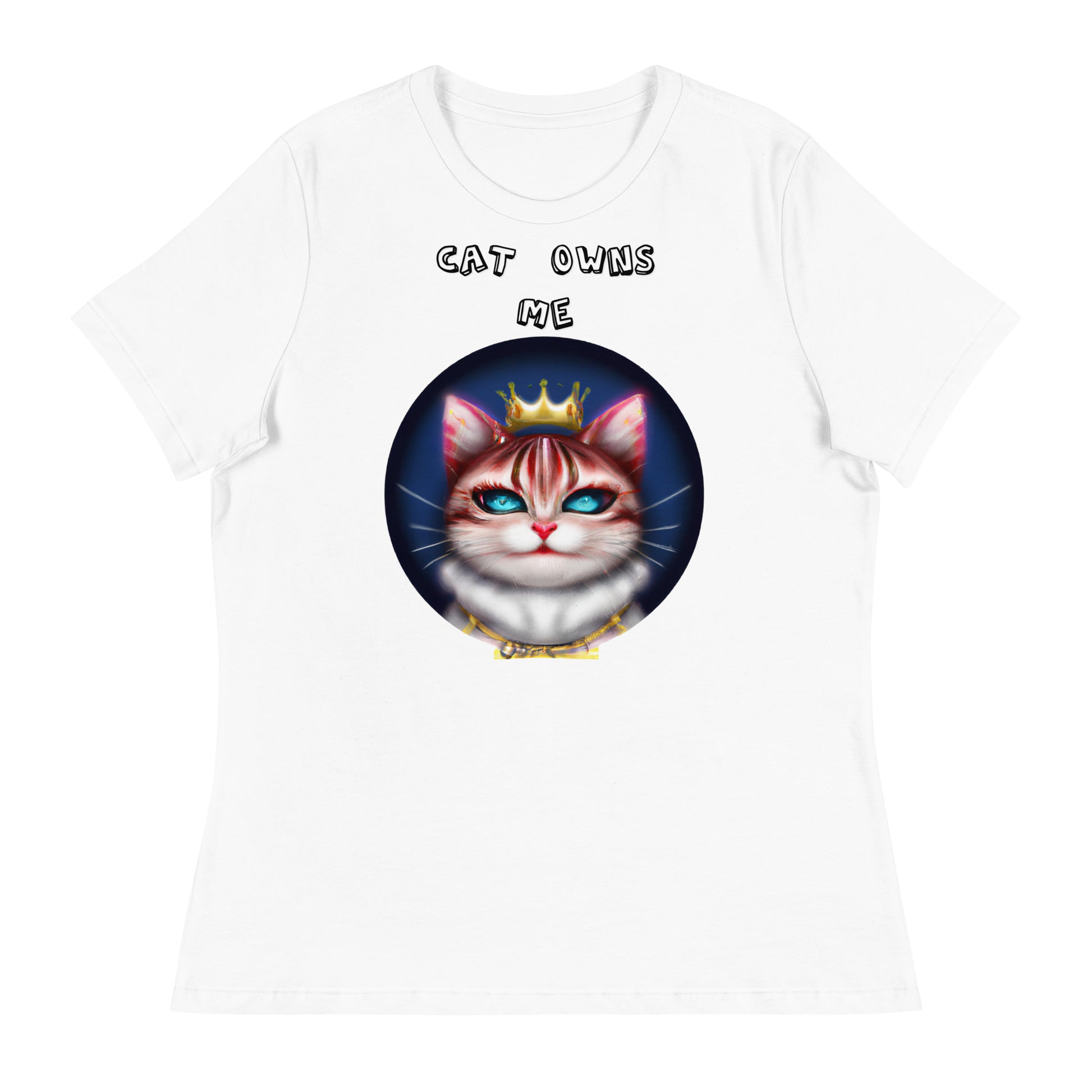 Women's White T-Shirt with Queen Kitten In a Circle with a text "Cat Owns Me" at $25.97 found at Personalizedpetlovergifts