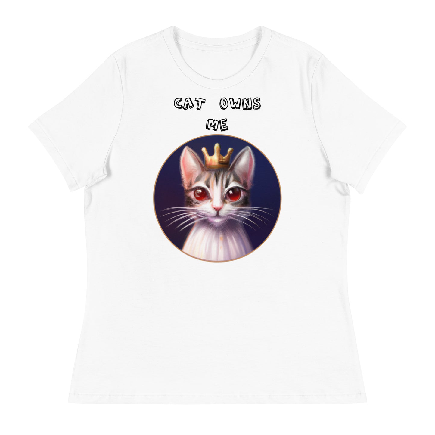 Women's White T-Shirt with Princess Cat With Red Eyes with a text "Cat Owns Me" at $25.97 found at Personalizedpetlovergifts