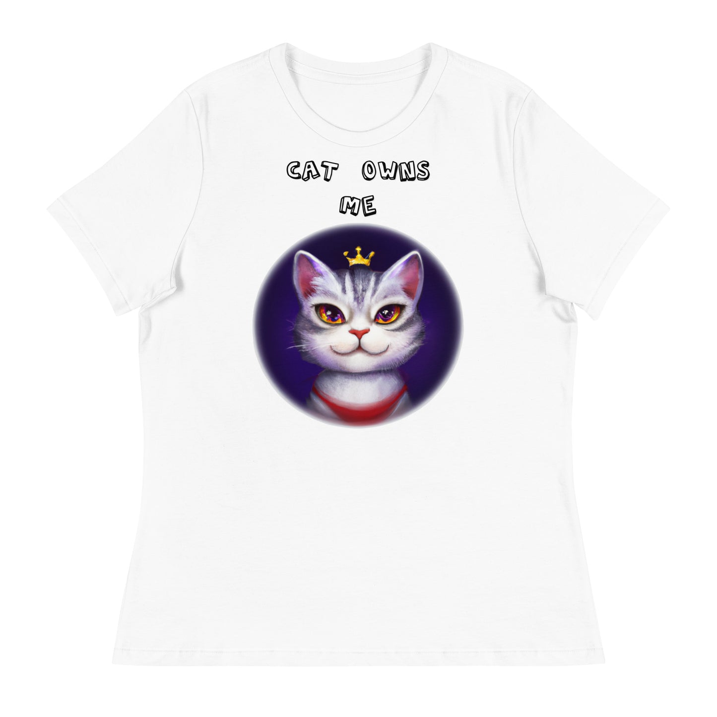 Women's White T-Shirt with Princess Cat In a Circle with a text "Cat Owns Me" at $25.97 found at Personalizedpetlovergifts