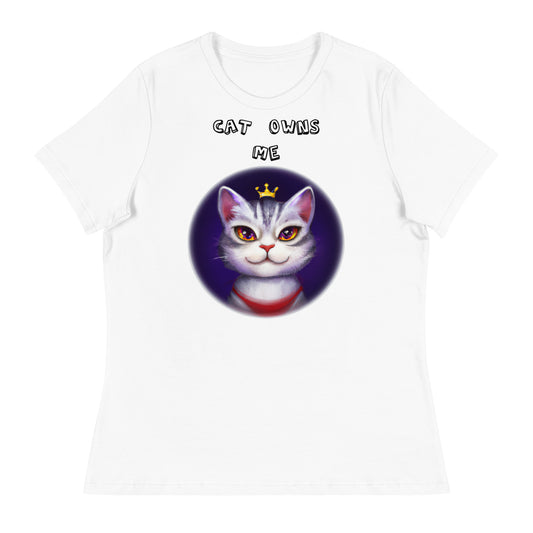 Women's White T-Shirt with Princess Cat In a Circle with a text "Cat Owns Me" at $25.97 found at Personalizedpetlovergifts