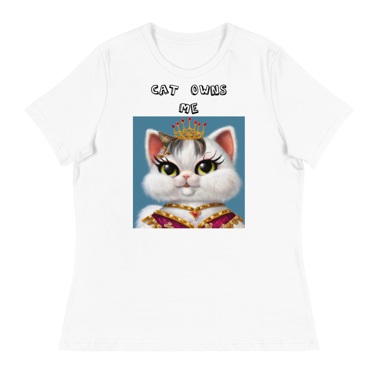 Women's White T-Shirt with Pretty Queen Cat with a text "Cat Owns Me" at $25.97 found at Personalizedpetlovergifts