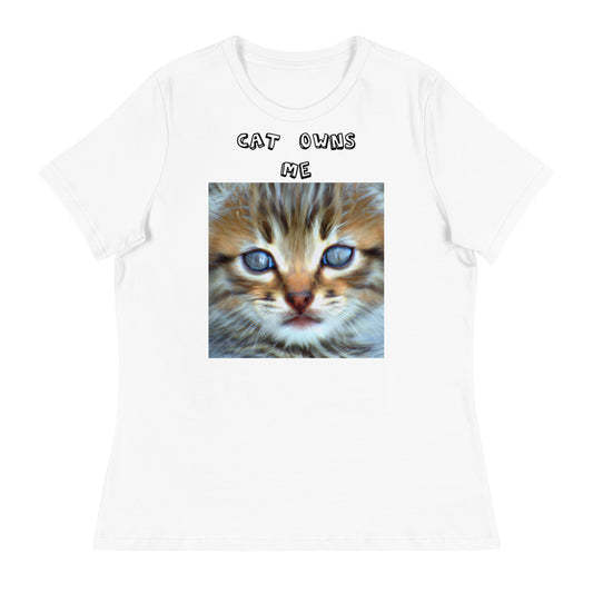 Women's White T-Shirt with Portrait Painting Of a Kitten with a text "Cat Owns Me" at $25.97 found at Personalizedpetlovergifts