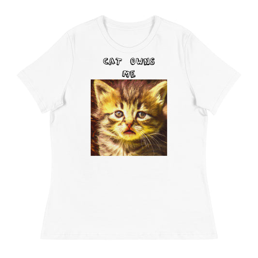 Women's White T-Shirt with Portrait Of a Fluffy Kitten with a text "Cat Owns Me" at $25.97 found at Personalizedpetlovergifts