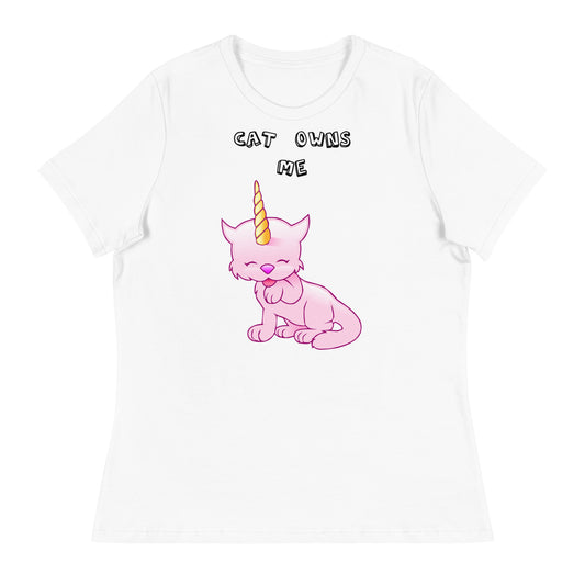 Women's White T-Shirt with Pink Unicorn Cat Licking Its Paw with a text "Cat Owns Me" at $25.97 found at Personalizedpetlovergifts